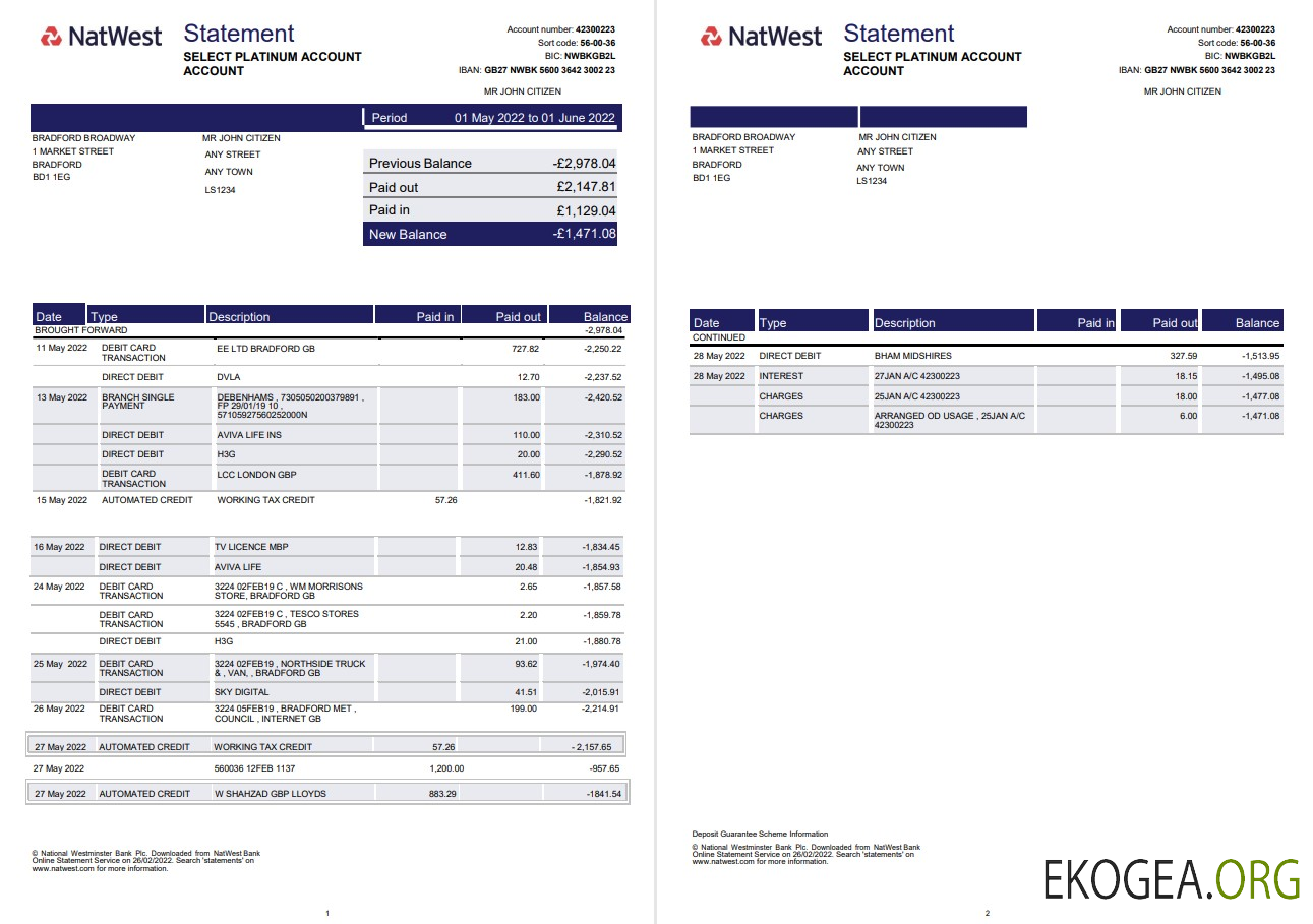 Modèle de relevé bancaire Royaume Uni Natwest au format Word et PDF 2 pages, version 2
